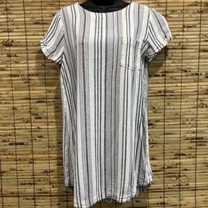 Cloth & Stone Striped Linen Blend Button Back Shift Dress White Grey Small C6922